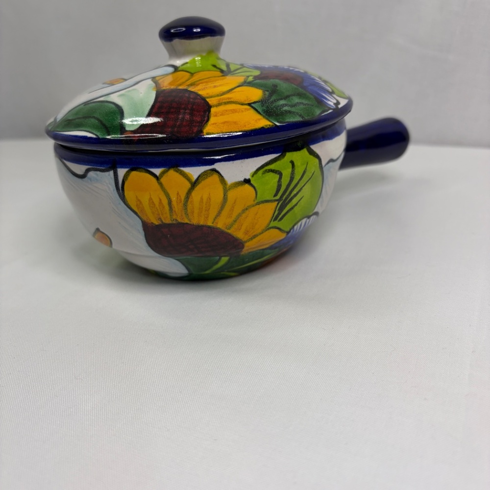 Mexican Talavera Pottery Floral Salsa Guac Bean Handle Lid Hand Painted Signed - Picture 6 of 12